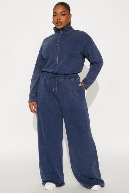 Busy Schedule Washed French Terry Jumpsuit - Navy