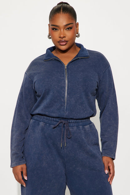 Busy Schedule Washed French Terry Jumpsuit - Navy