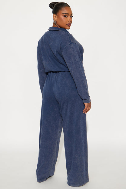 Busy Schedule Washed French Terry Jumpsuit - Navy