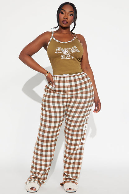 Von Dutch Cami PJ Flannel Boxer Pant Set - Olive/combo