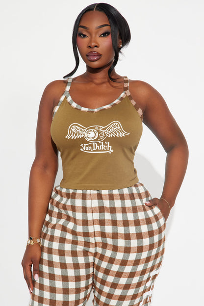 Von Dutch Cami PJ Flannel Boxer Pant Set - Olive/combo