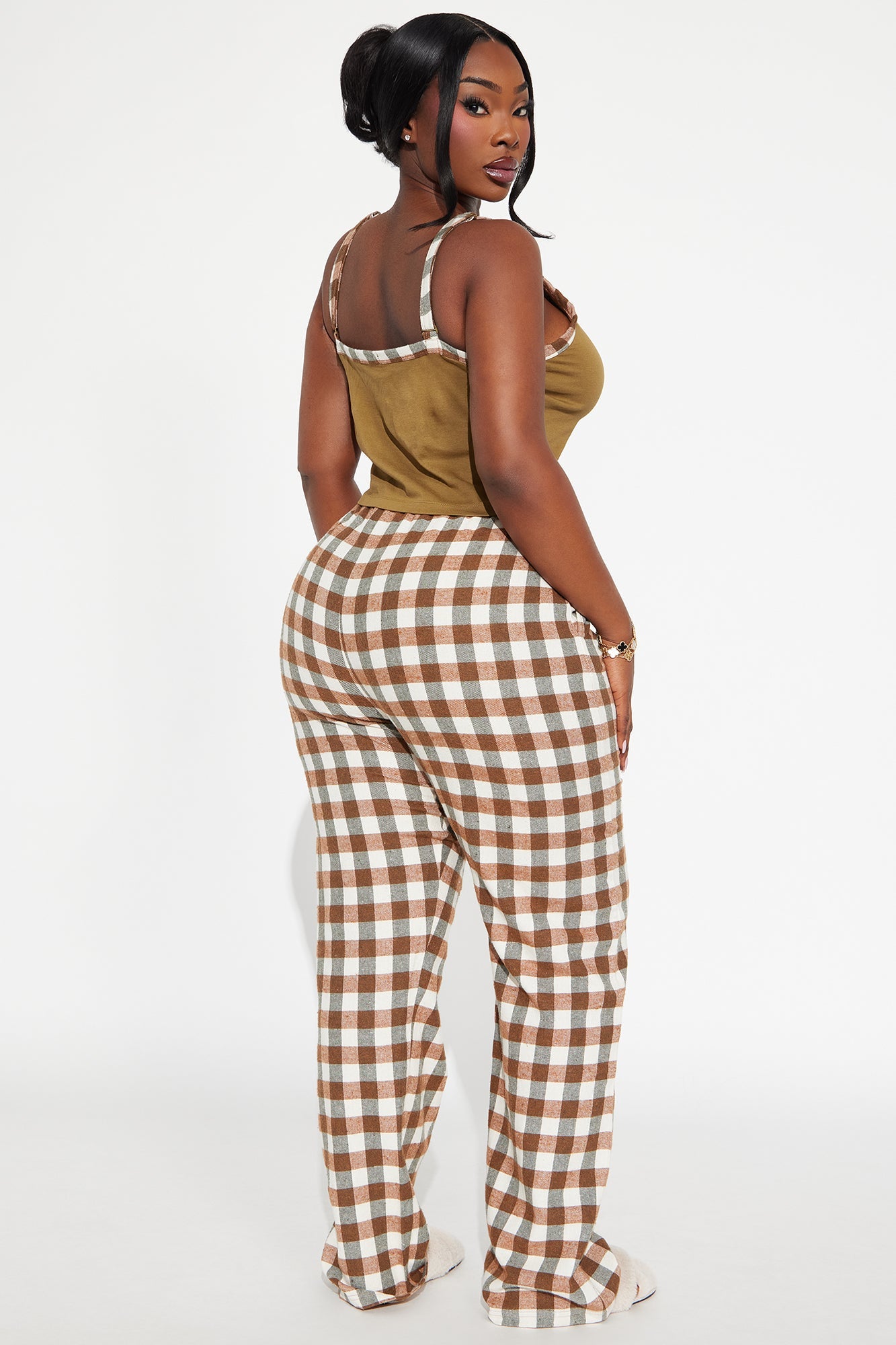 Von Dutch Cami PJ Flannel Boxer Pant Set - Olive/combo