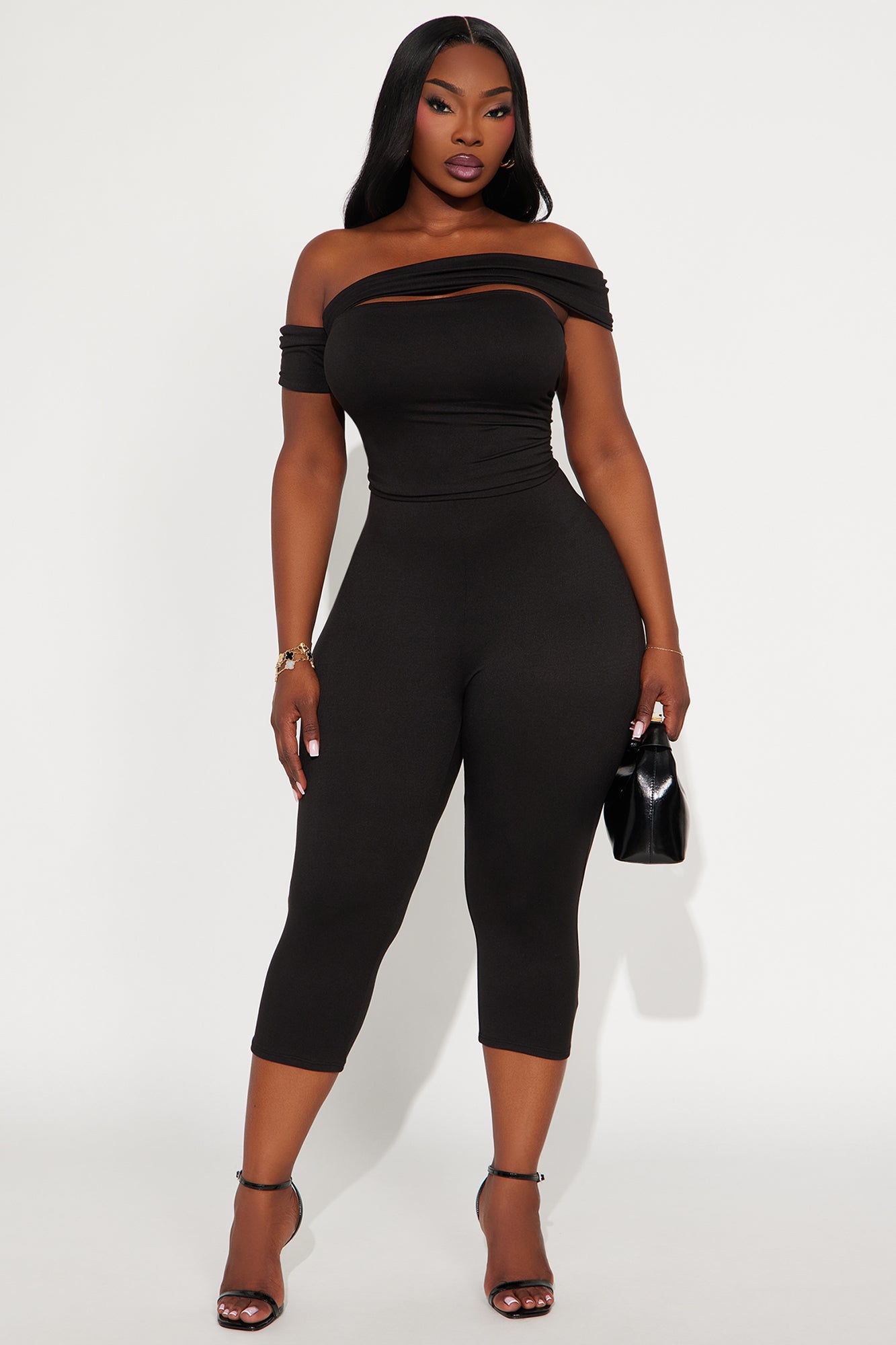 Janice Off Shoulder Capri Jumpsuit - Black