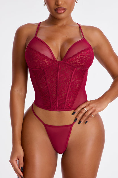 Whispered Sins 2 Piece Mesh Corset Thong Set - Wine