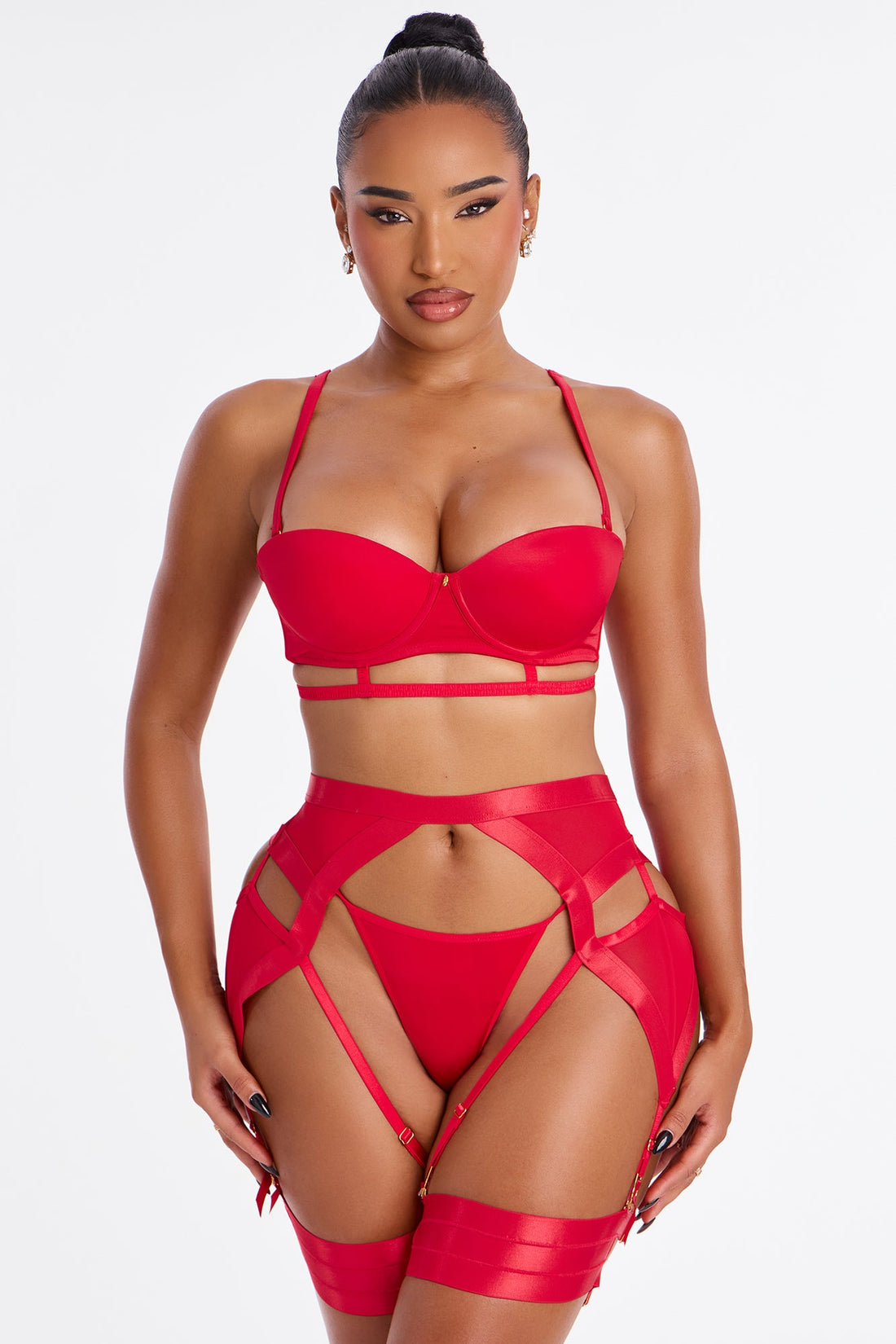 Just Strappy Satin 3 Piece Garter Set - Red