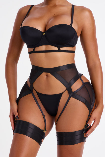 Just Strappy Satin 3 Piece Garter Set - Black