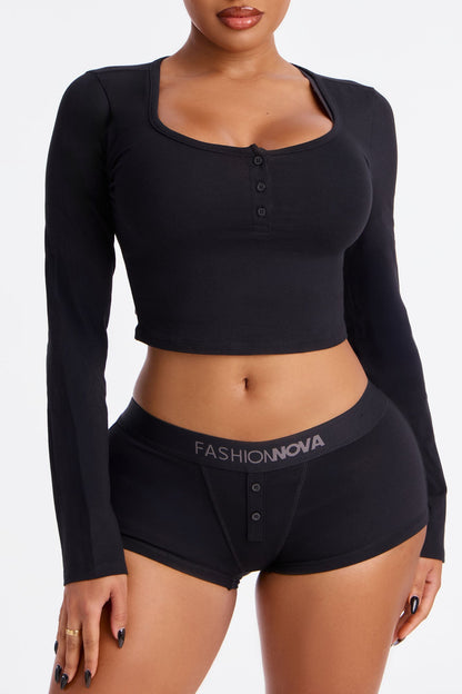 FN Mood Long Sleeve Crop Top And Boxer 2 Piece Cotton Set - Black