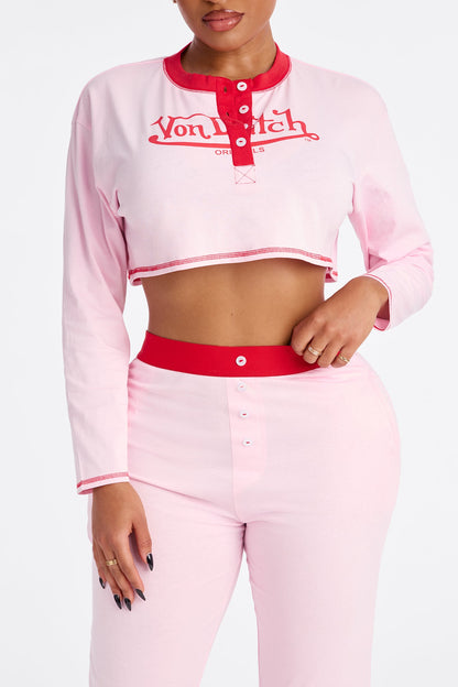 Von Dutch Long Sleeve Henley PJ Pant Set - Pink