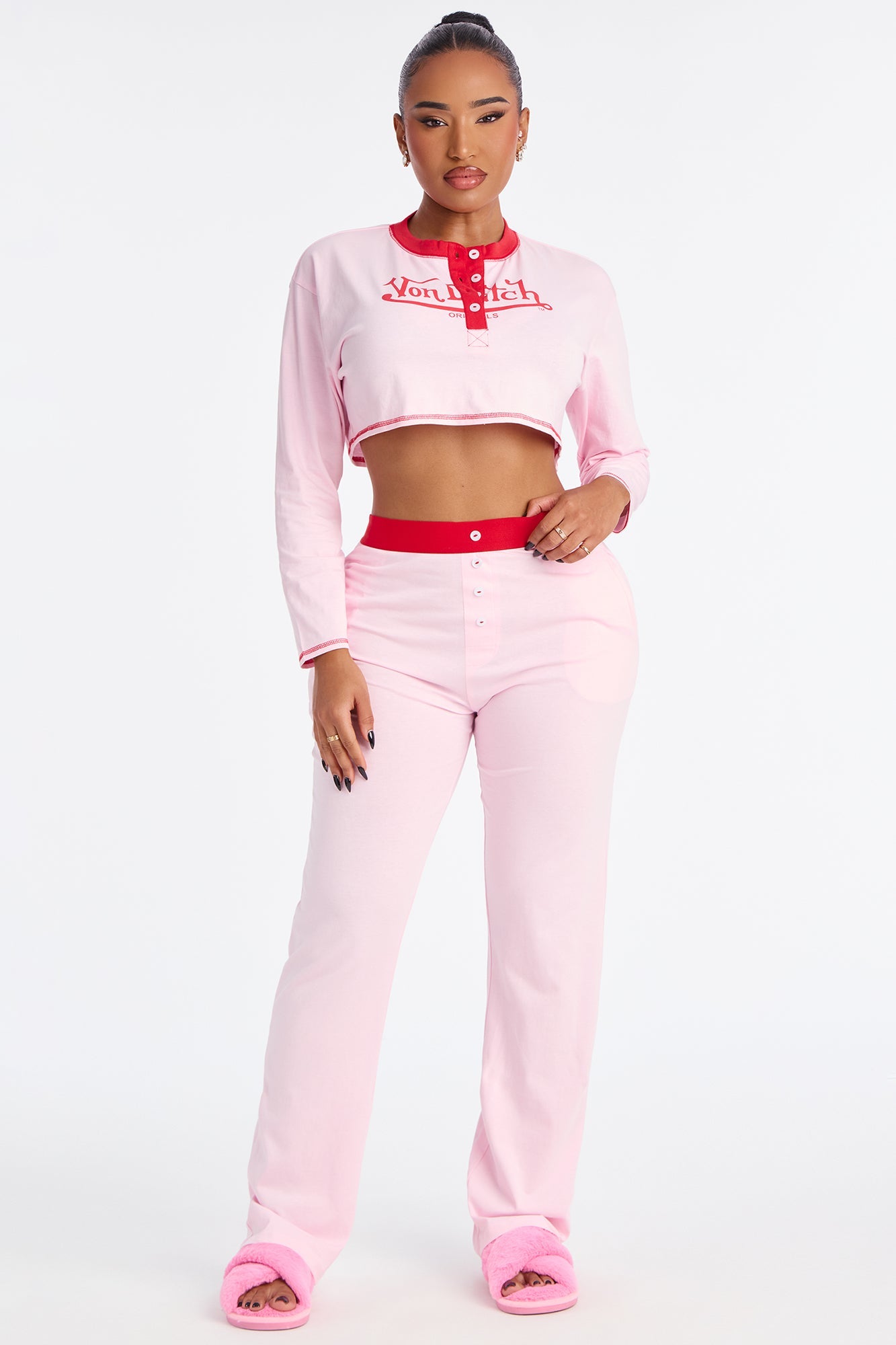 Von Dutch Long Sleeve Henley PJ Pant Set - Pink