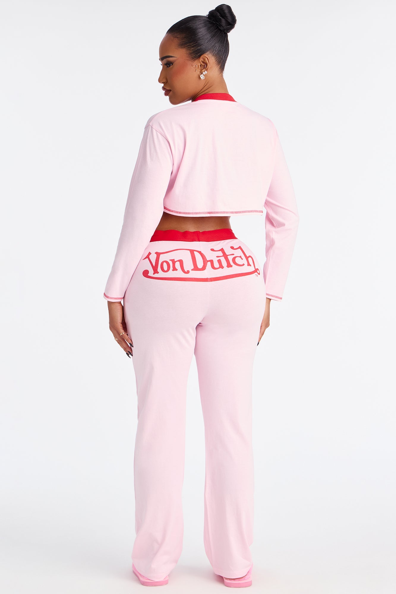 Von Dutch Long Sleeve Henley PJ Pant Set - Pink