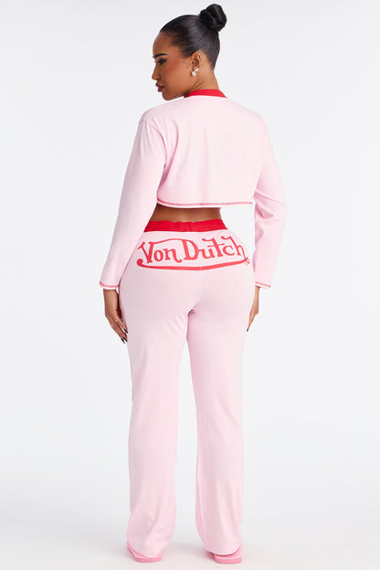 Von Dutch Long Sleeve Henley PJ Pant Set - Pink