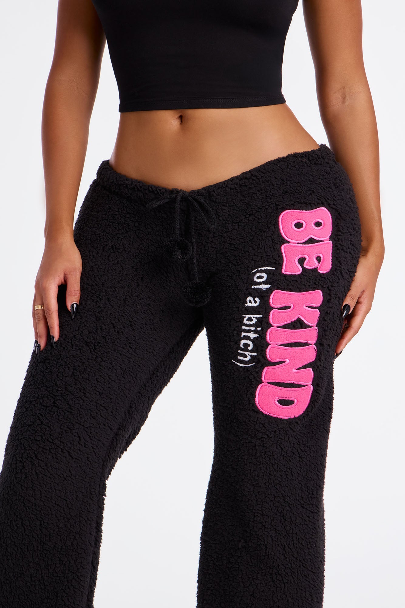 Be Kind Embroidered Sherpa PJ Pants - Black