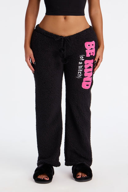 Be Kind Embroidered Sherpa PJ Pants - Black