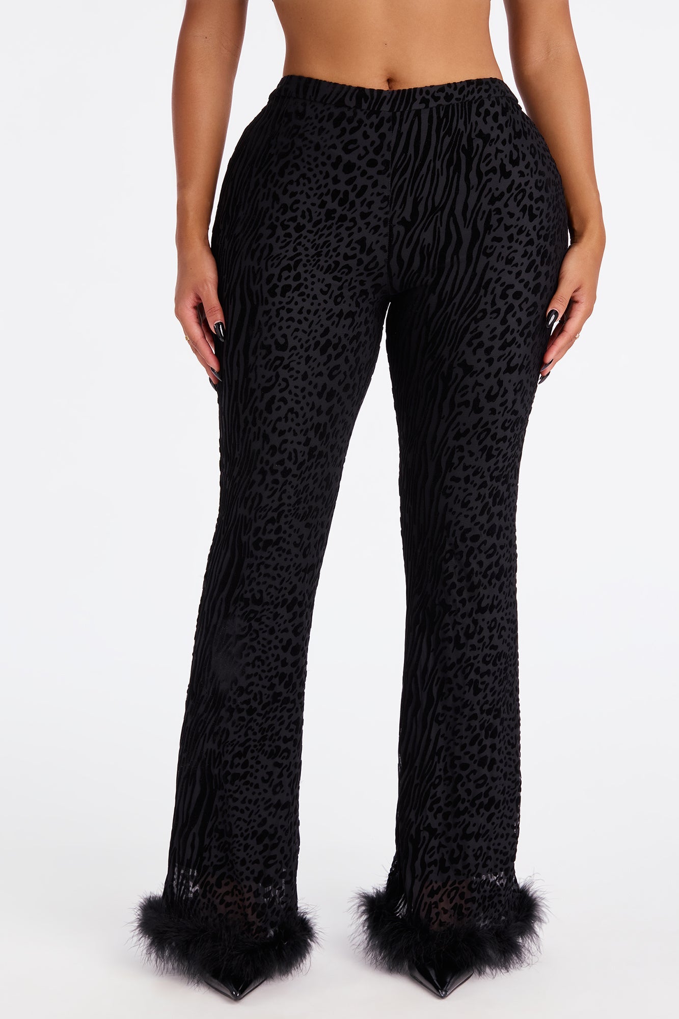 Wild Whisper Velvet Burnout Feather Trim Pant - Black