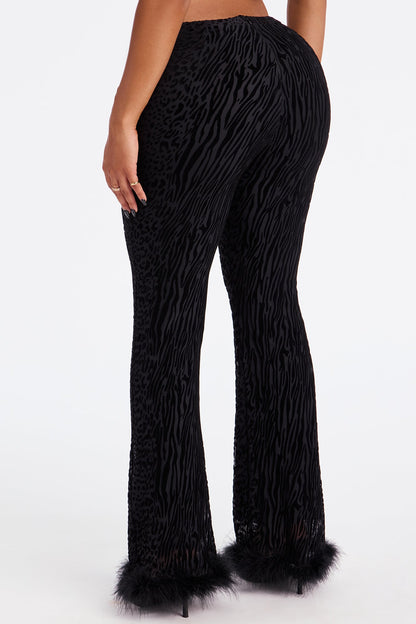 Wild Whisper Velvet Burnout Feather Trim Pant - Black