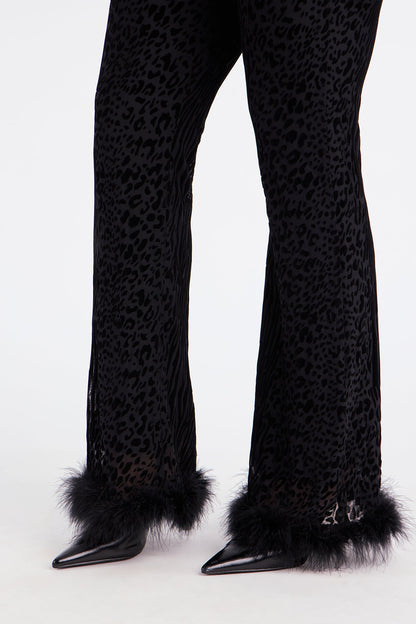 Wild Whisper Velvet Burnout Feather Trim Pant - Black