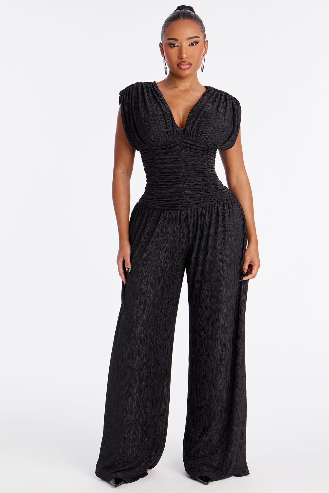 Karime Textured Wide Leg Jumpsuit - Black
