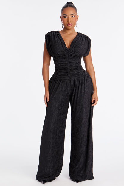 Karime Textured Wide Leg Jumpsuit - Black