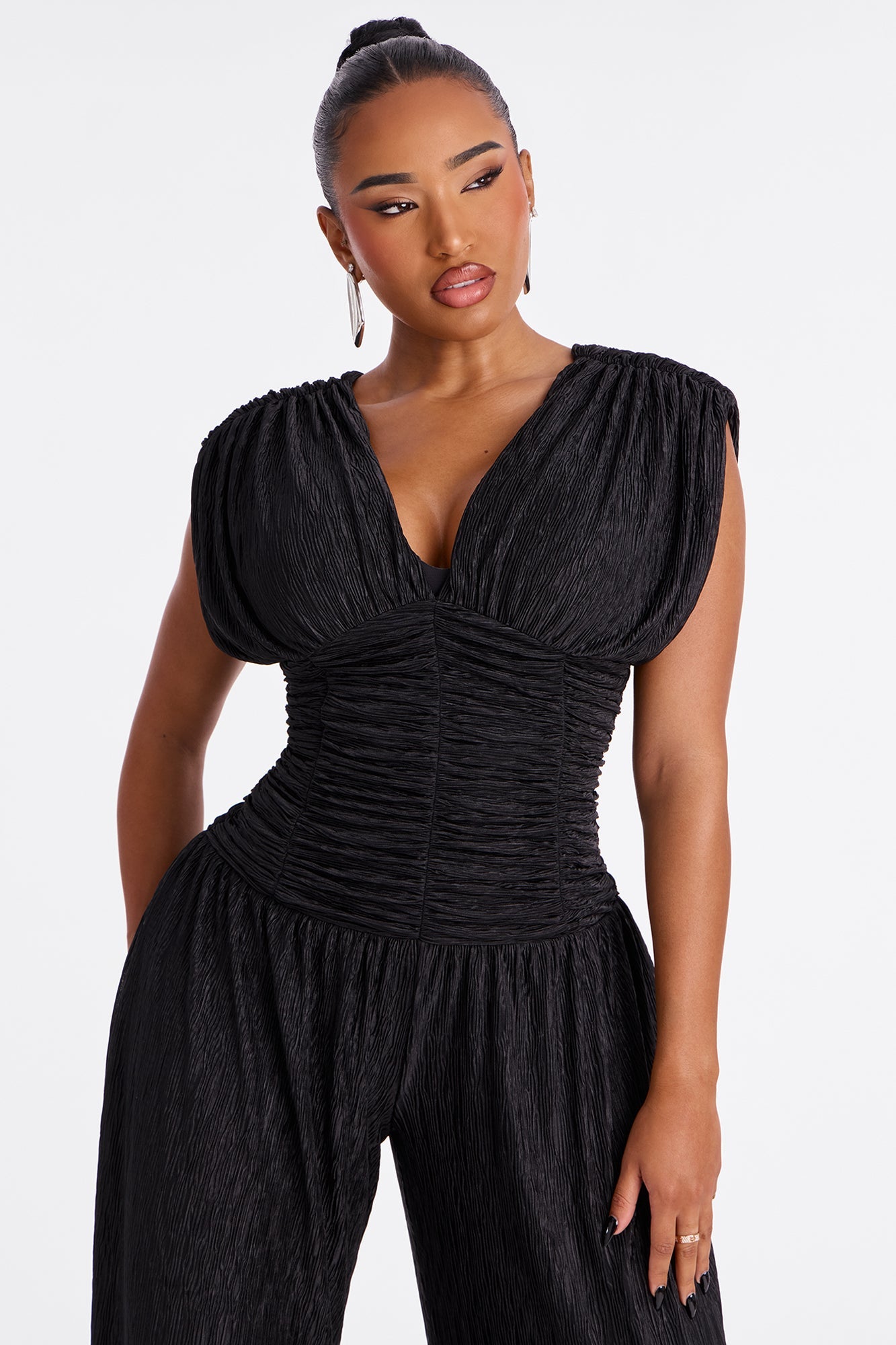 Karime Textured Wide Leg Jumpsuit - Black