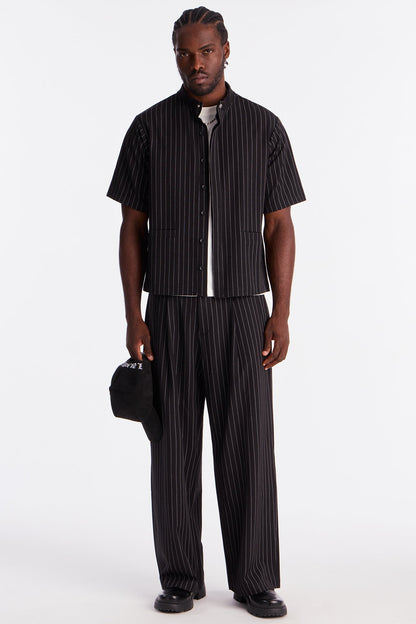 Straight Striped Mandarin Short Sleeve Shirt - Black