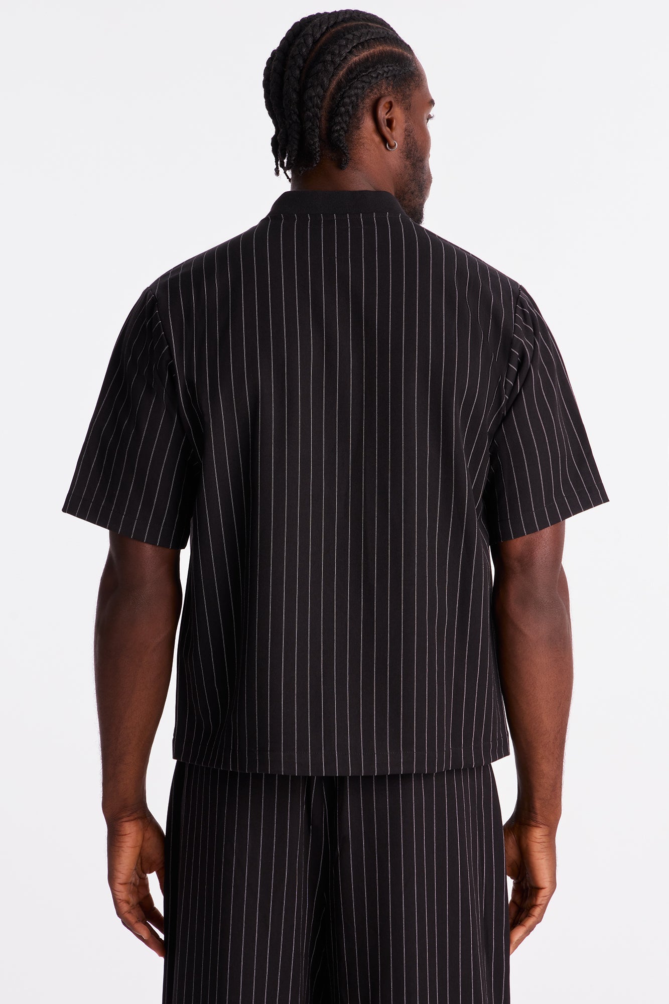 Straight Striped Mandarin Short Sleeve Shirt - Black
