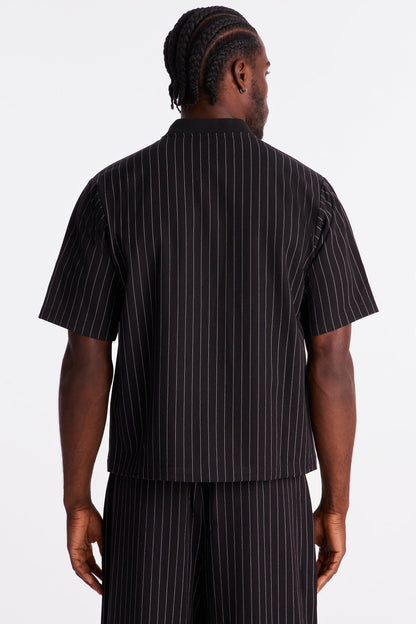 Straight Striped Mandarin Short Sleeve Shirt - Black
