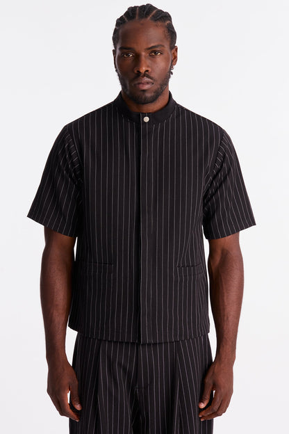 Straight Striped Mandarin Short Sleeve Shirt - Black
