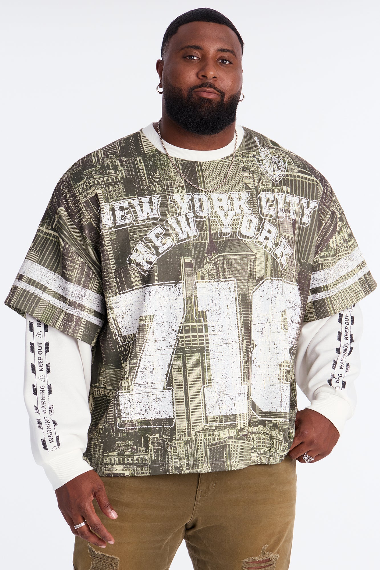 Oversized Concrete Jungle Skylines Long Sleeve Tee - Green/combo