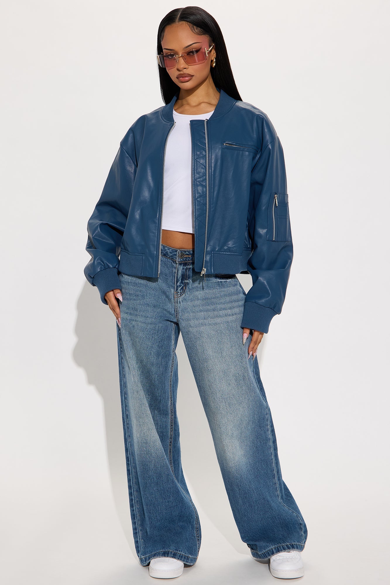 Brooke Faux Leather Bomber Jacket - Blue