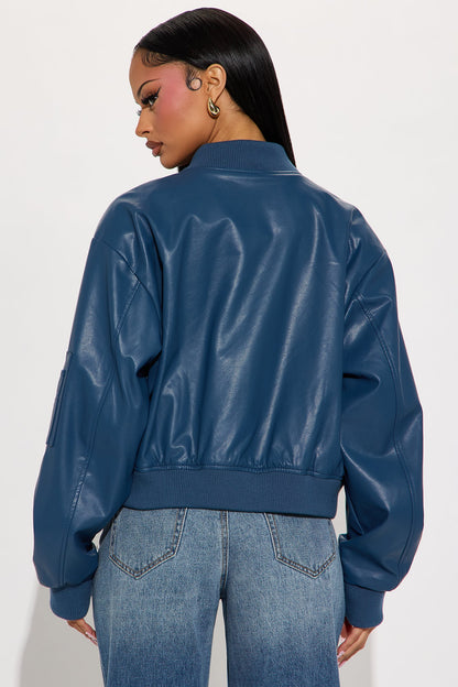 Brooke Faux Leather Bomber Jacket - Blue