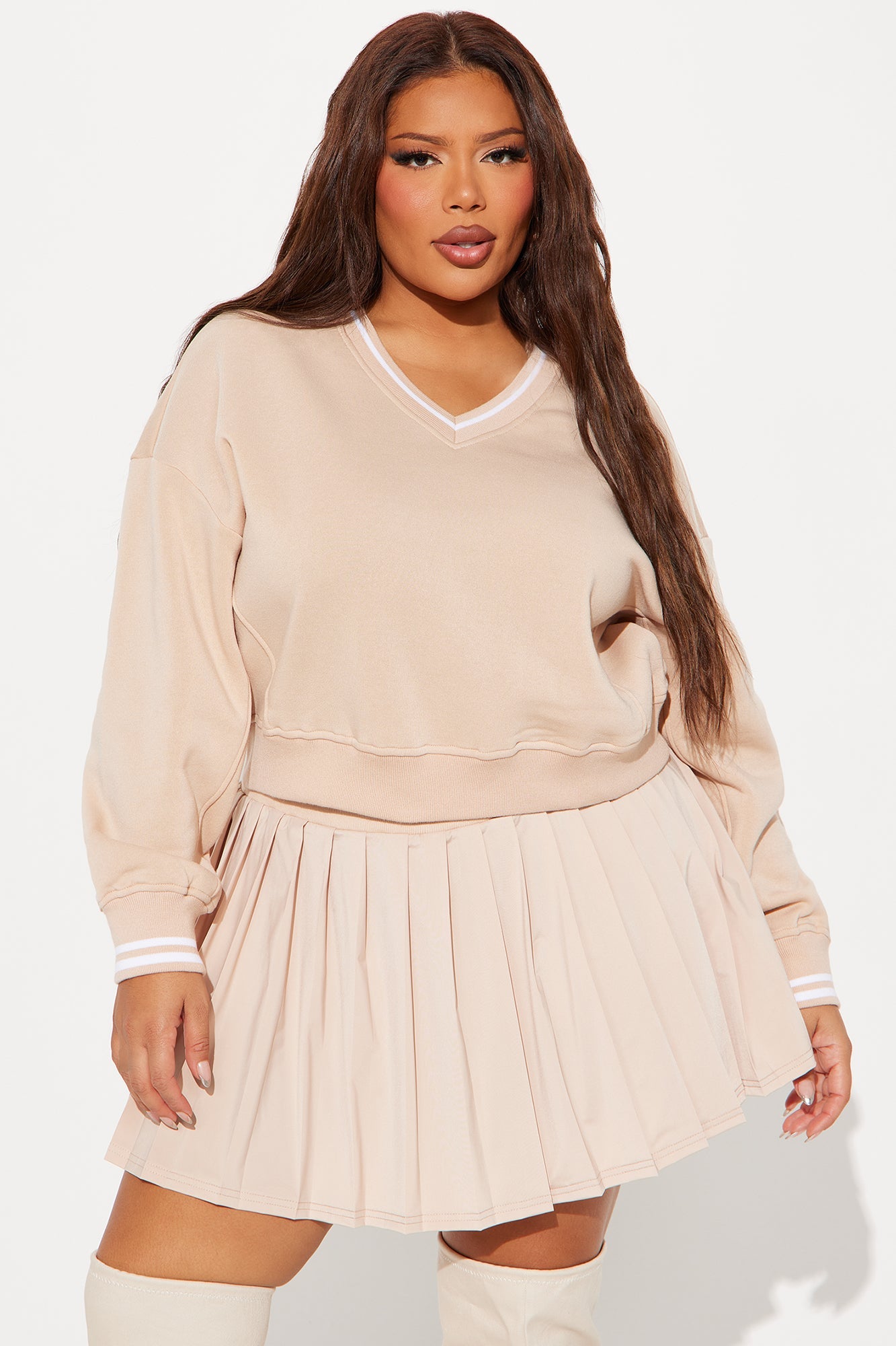 Preppy Pleated Mini Skirt Set - Taupe