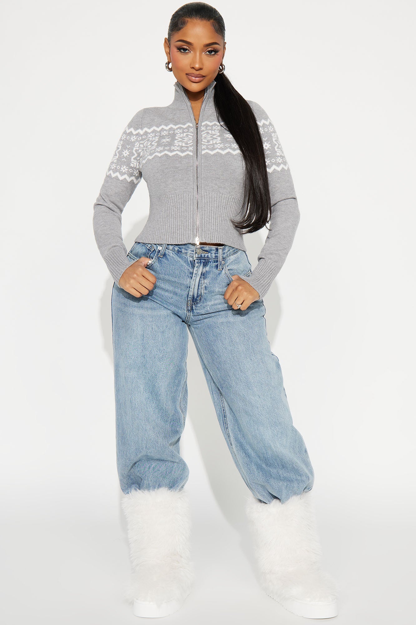 Snowie Fair Isle Front Zip Sweater - Grey/combo