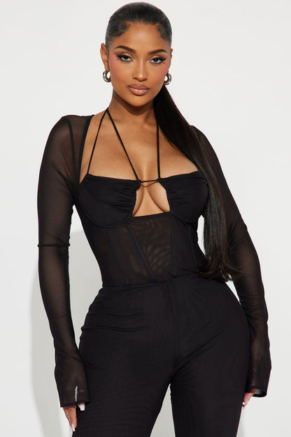 Melanie Mesh Corset Jumpsuit - Black