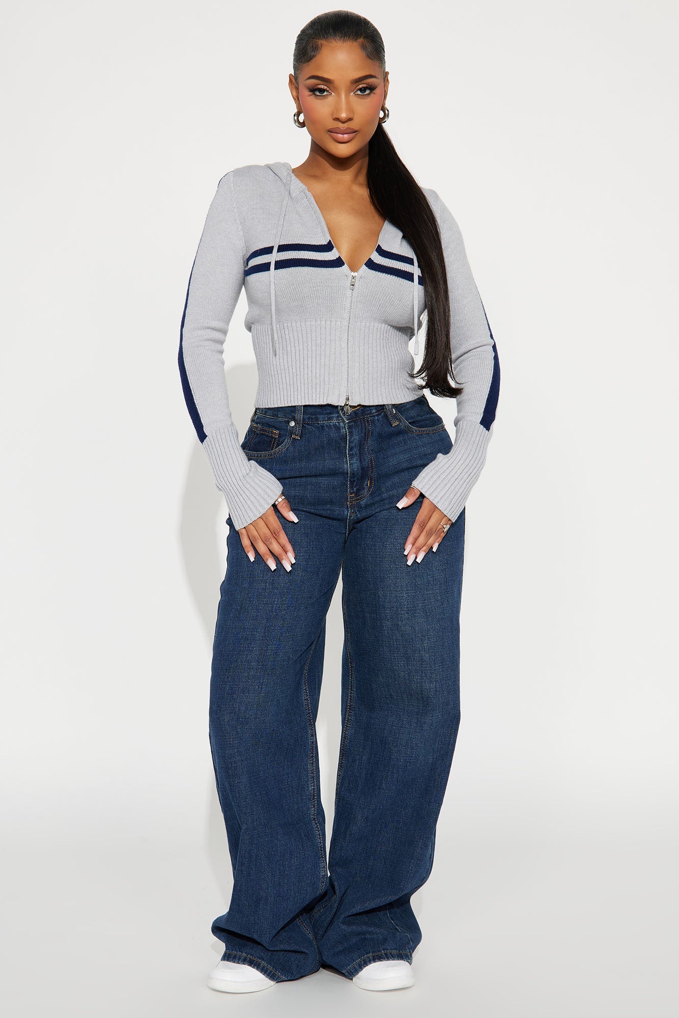 Work It Out Striped Front Zip Sweater - Grey/combo