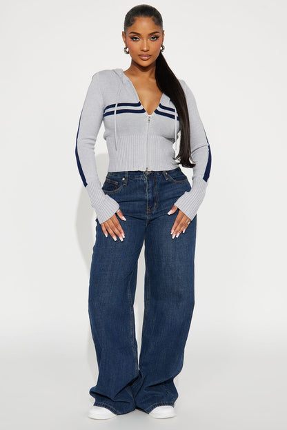 Work It Out Striped Front Zip Sweater - Grey/combo