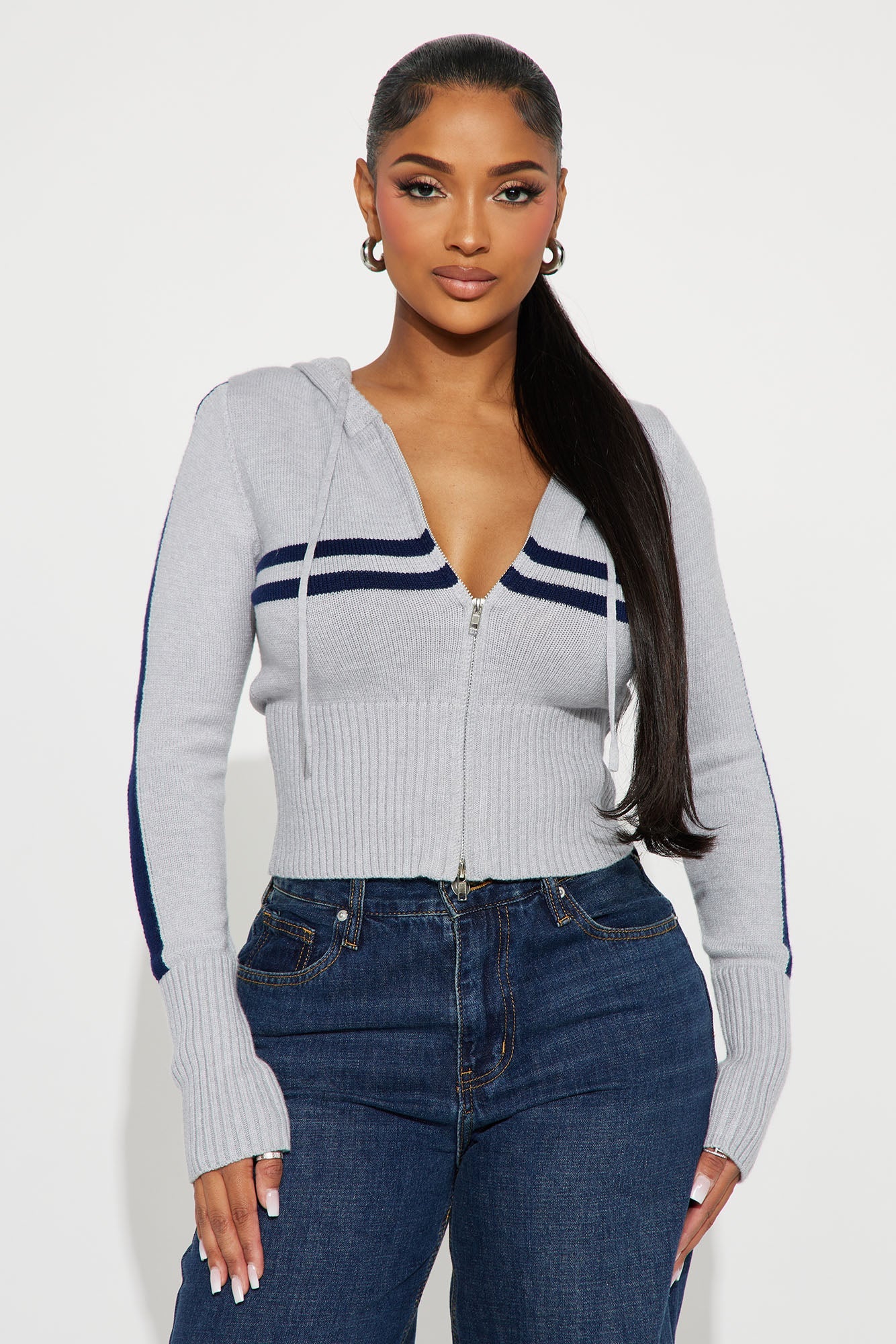 Work It Out Striped Front Zip Sweater - Grey/combo