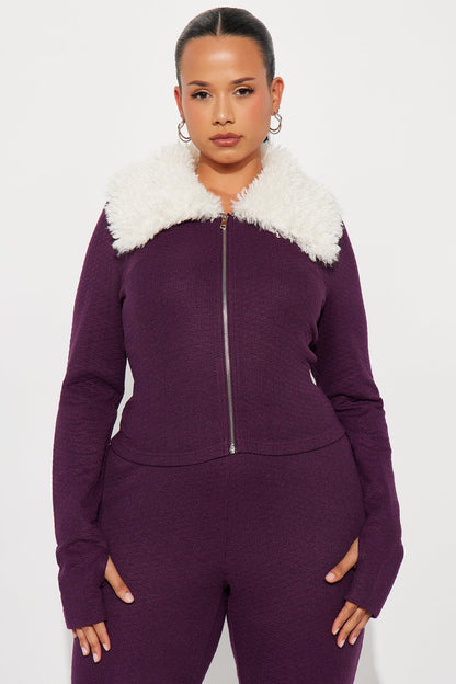 Daphne Faux Fur Trim Pant Set - Plum