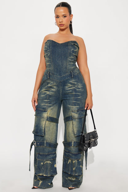 Vida Washed Denim Cargo Jumpsuit - Medium Wash