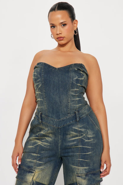 Vida Washed Denim Cargo Jumpsuit - Medium Wash