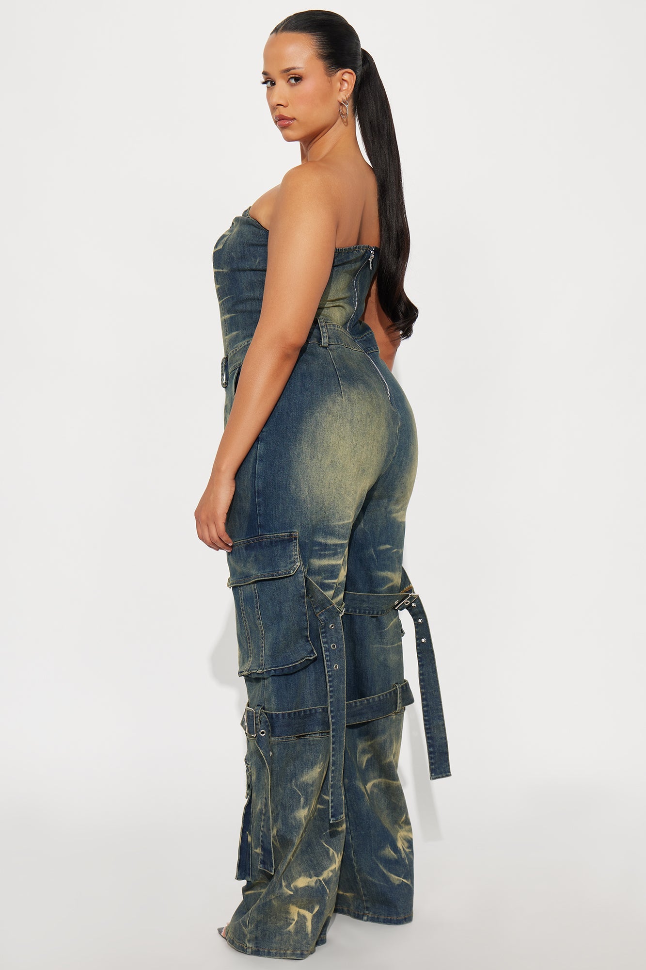 Vida Washed Denim Cargo Jumpsuit - Medium Wash