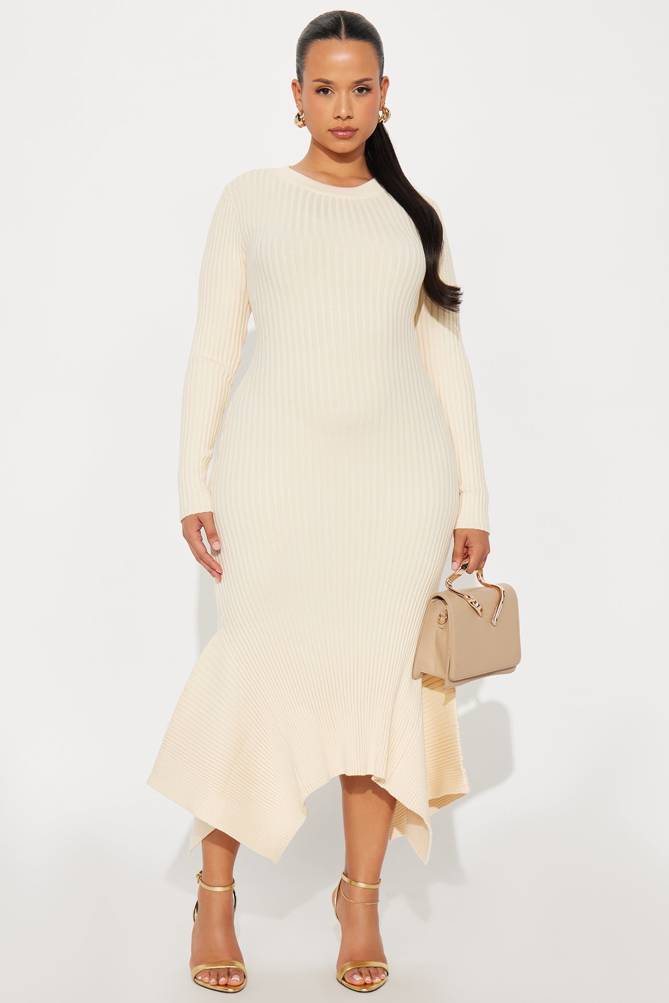 Rare Catch Long Sleeve Ribbed Midi Dress - Cream