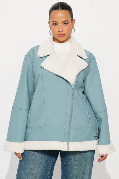 Simone Faux Leather Fur Lined Moto Jacket - Dusty Blue