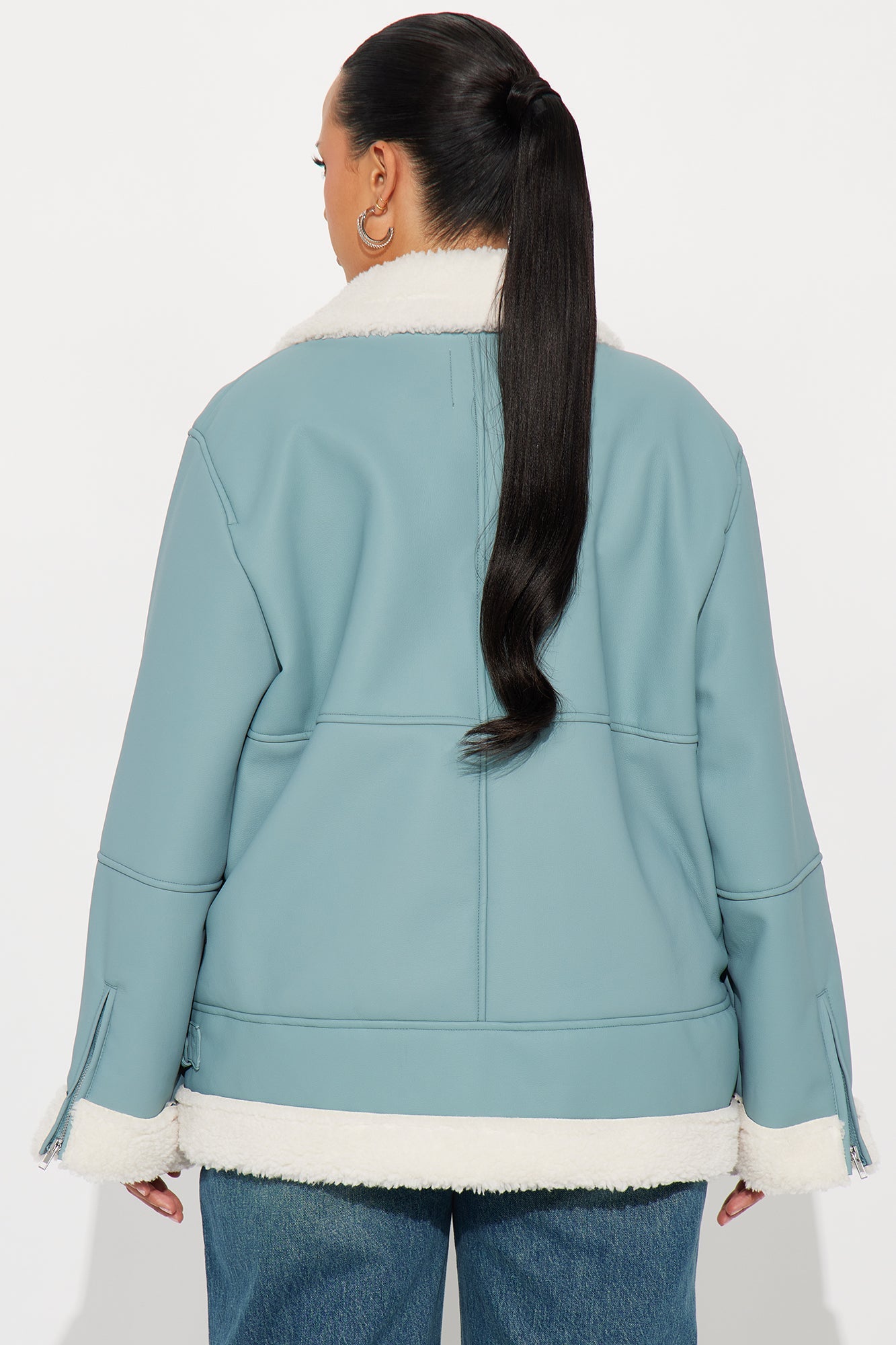 Simone Faux Leather Fur Lined Moto Jacket - Dusty Blue