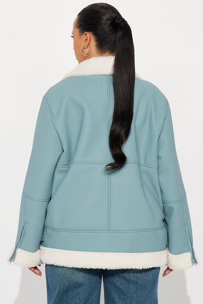 Simone Faux Leather Fur Lined Moto Jacket - Dusty Blue