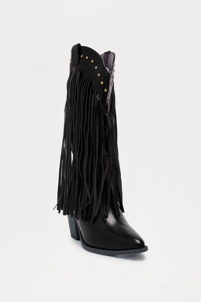 Rancher Studded Fringe Cowboy Boots - Black