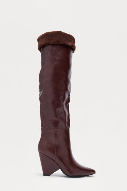 Tirzah Fur Trim Thigh High Boots - Chocolate