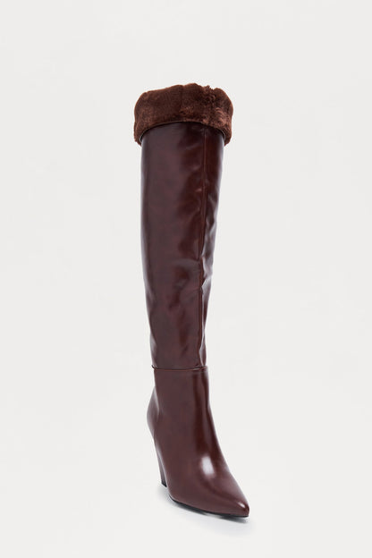 Tirzah Fur Trim Thigh High Boots - Chocolate