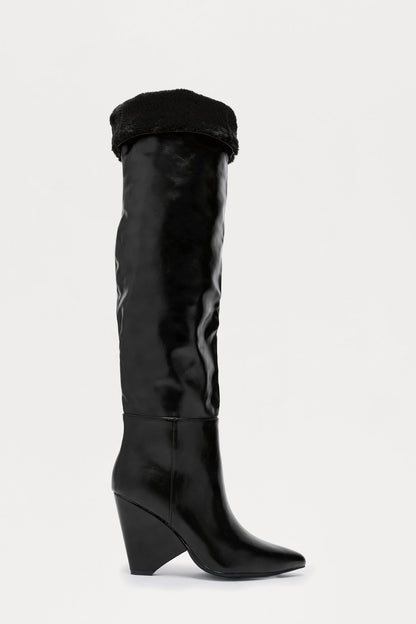 Tirzah Fur Trim Thigh High Boots - Black
