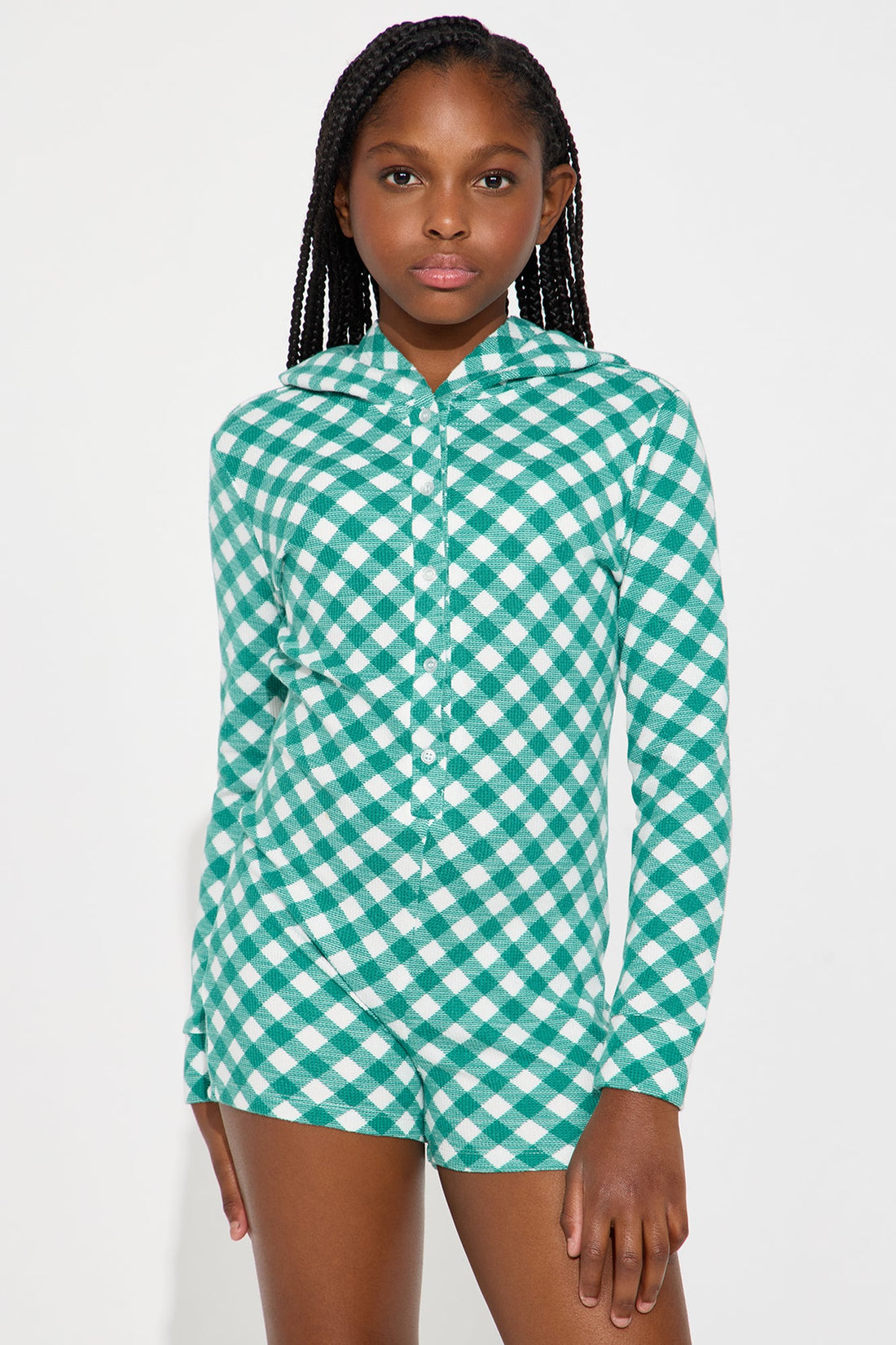 Mini Something Cozy Waffle Hoodie Romper Onesie - Green