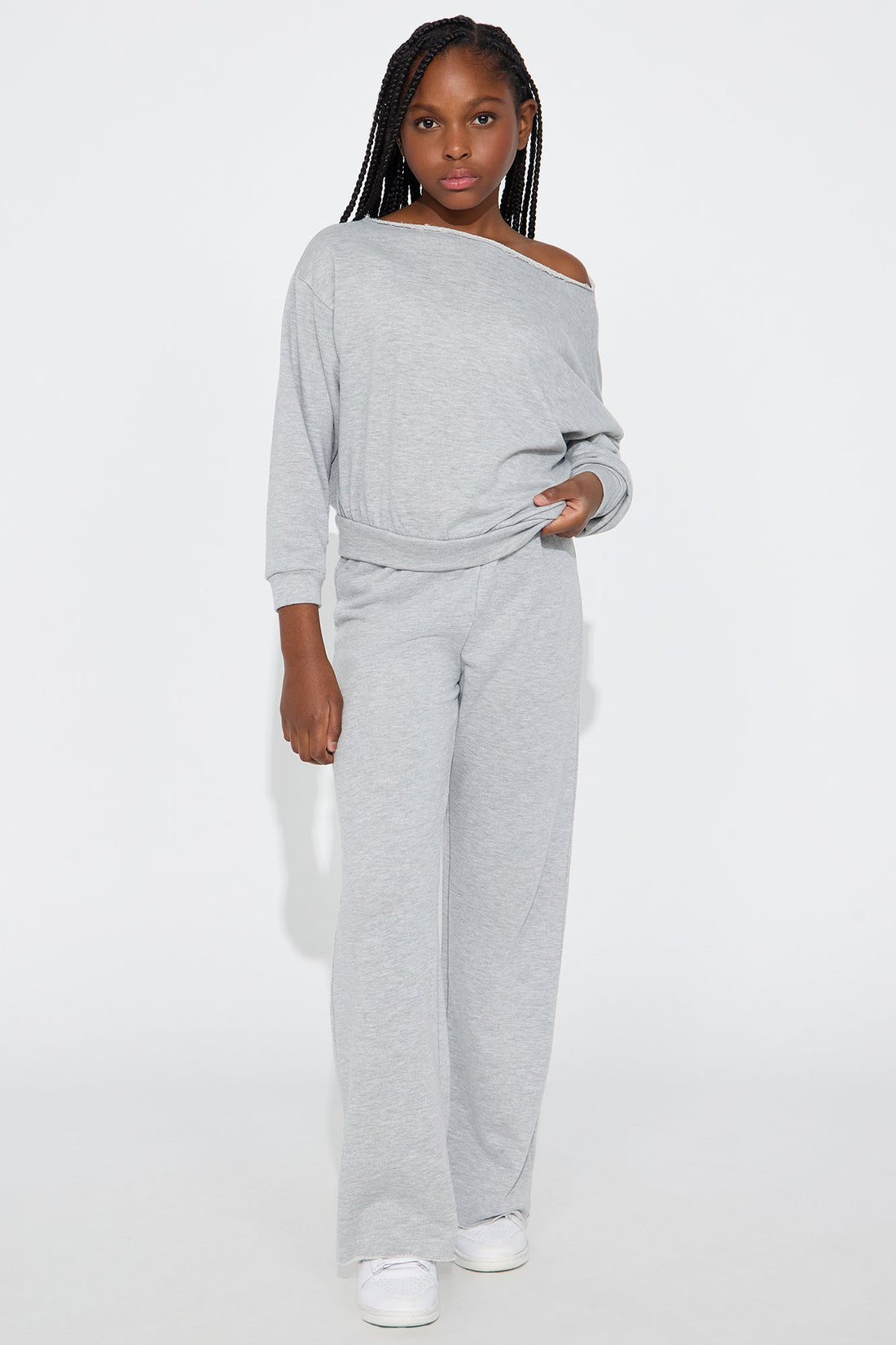 Mini Robyn Off Shoulder Pant Set - Heather Grey